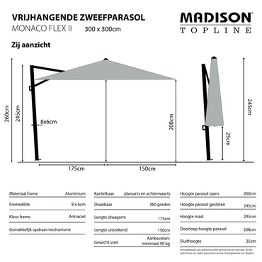 Monaco flex II 300x300 cm Sage Groen met Kruisvoet en Parasolvoettegels - Informatie, Lesli Living, Tuincentrum Outlet