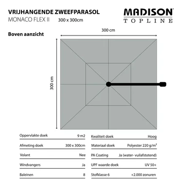 Monaco flex II 300x300 cm Sage Groen met Kruisvoet en Parasolvoettegels - Informatie 2, Lesli Living, Tuincentrum Outlet